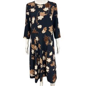 MAX MARA Navy Glenda Floral Print 3/4 Sleeve Pleated Maxi A-line Dress Size 10